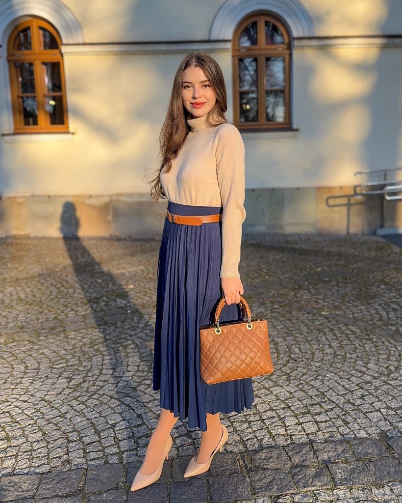 Beige Turtleneck Sweater + Navy Pleated Midi Skirt