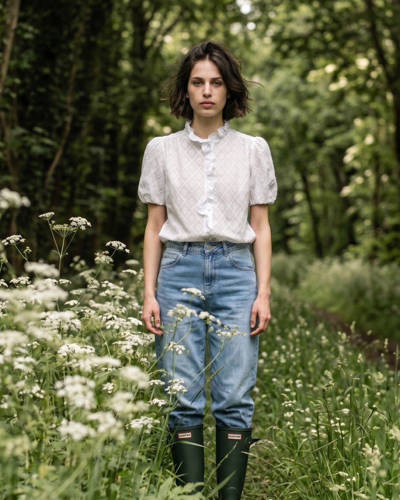 White Eyelet Blouse + Light Blue Jeans