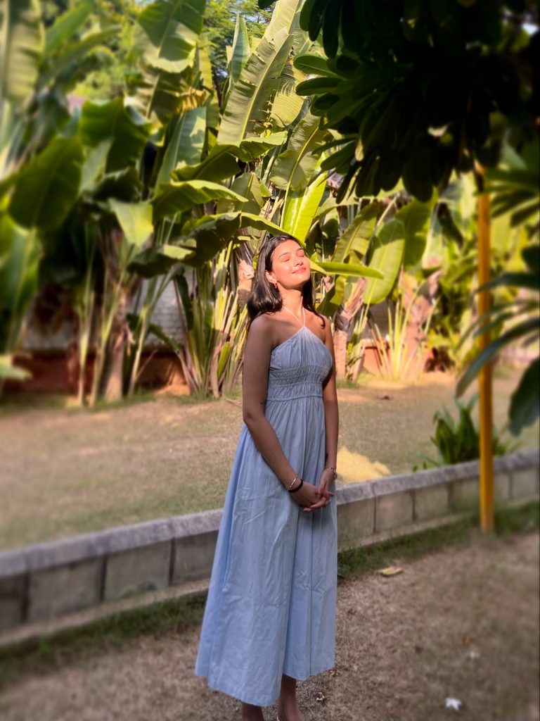 Light Blue Halter Dress + Smocked Bodice + Minimalist Bracelets