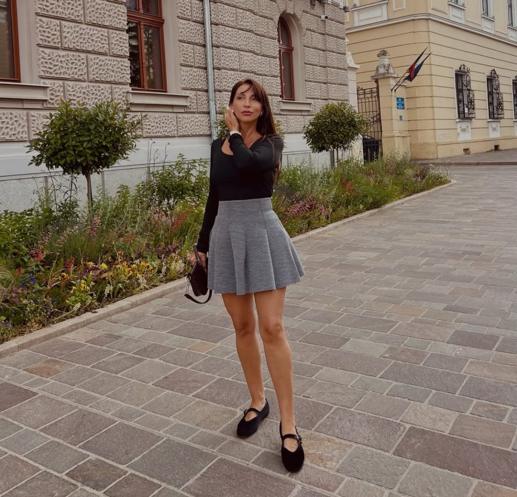 Black Long-Sleeve Top + Grey Skater Mini Skirt