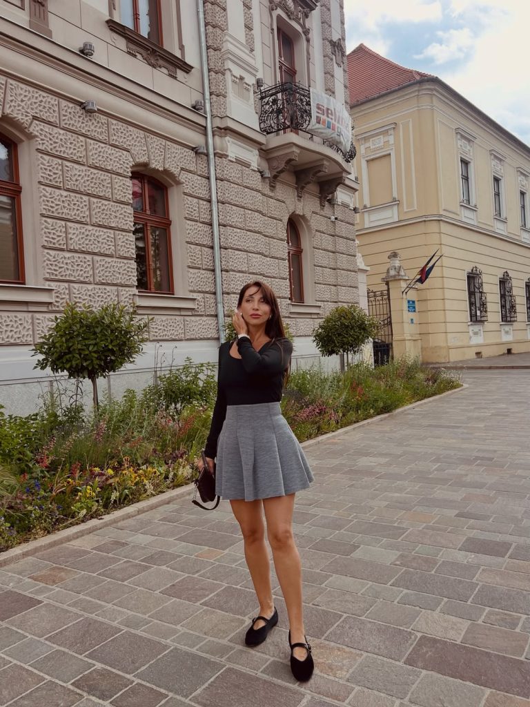 Black Long Sleeve Top + Grey Skater Skirt + Black Ballet Flats