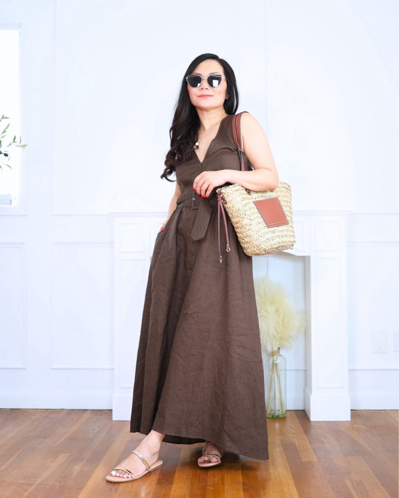 Brown Linen Maxi Dress + V-Neck Belted Bodice + Woven Straw Tote Bag