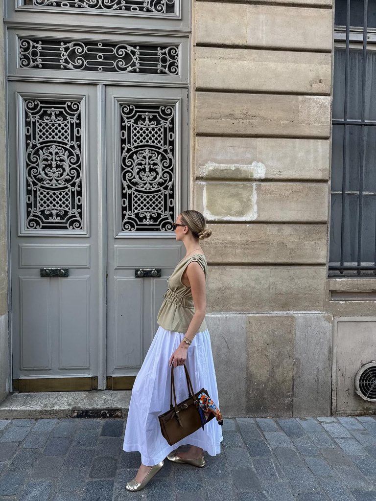 Sage Ruched Top + White Maxi Skirt