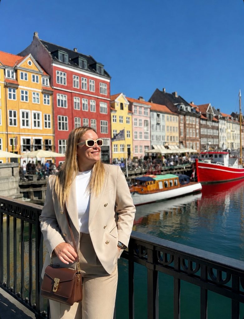 Beige Double-Breasted Blazer + White Top + Beige Tailored Trousers