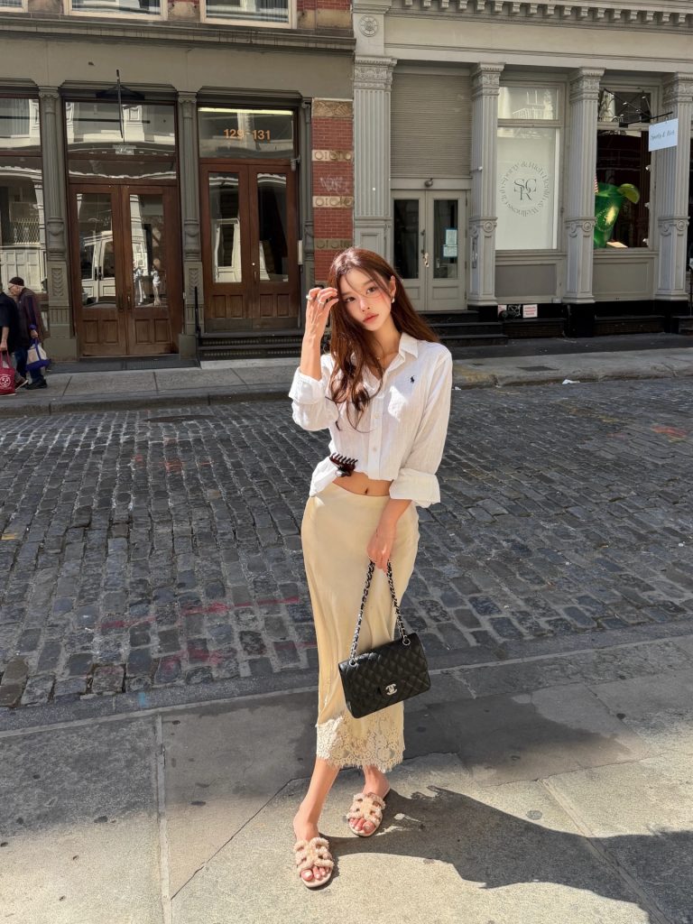 White Linen Shirt + Lace-Trim Midi Skirt + Slides