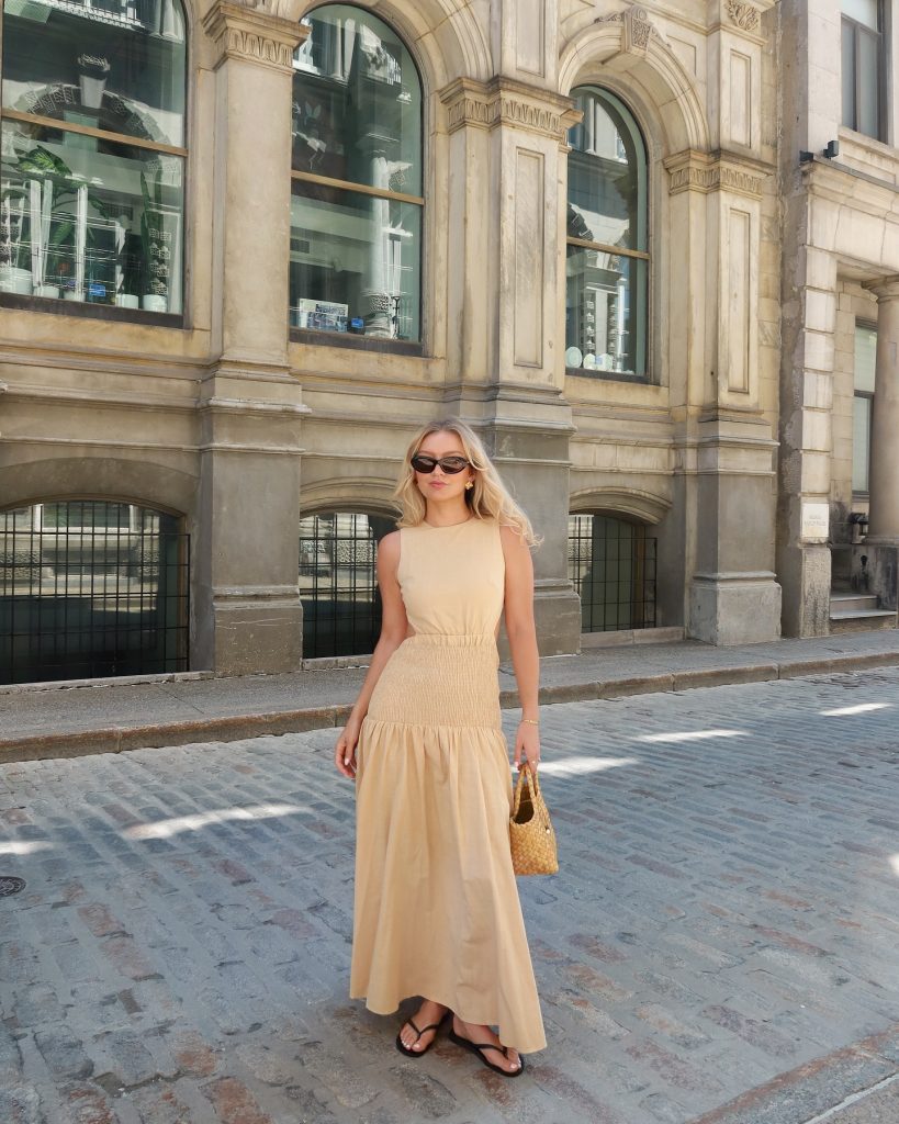 Beige Cotton Maxi Dress + Smocked Cutout Waistband + Black Flip Flop Sandals