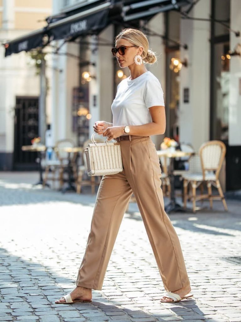 White T-Shirt + Beige Tailored Trousers