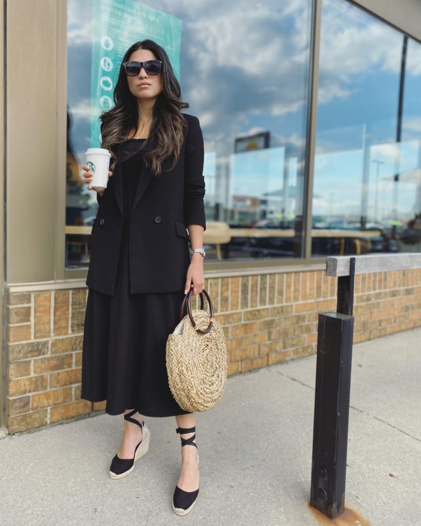 Black Double-Breasted Blazer + Matching Black Midi Dress + Round Straw Handbag
