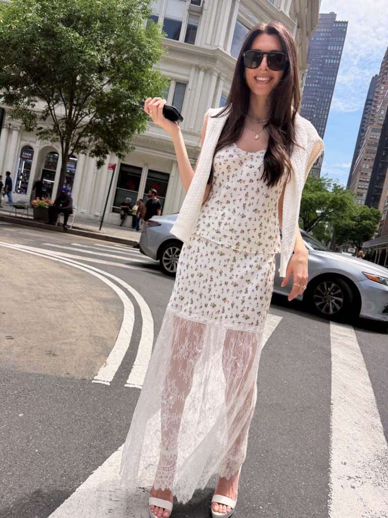 White Floral Midi Dress + White Crochet Shoulder Sweater + White Platform Sandals