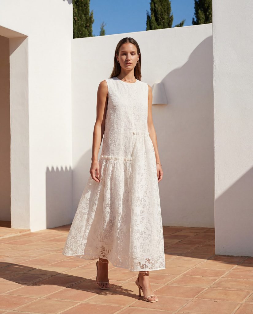  White Lace Sleeveless Maxi Dress + Stiletto Sandals