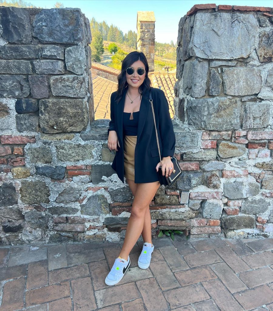 Black Tailored Blazer + Black Sweetheart Bodysuit + Tan Leather Mini Skirt