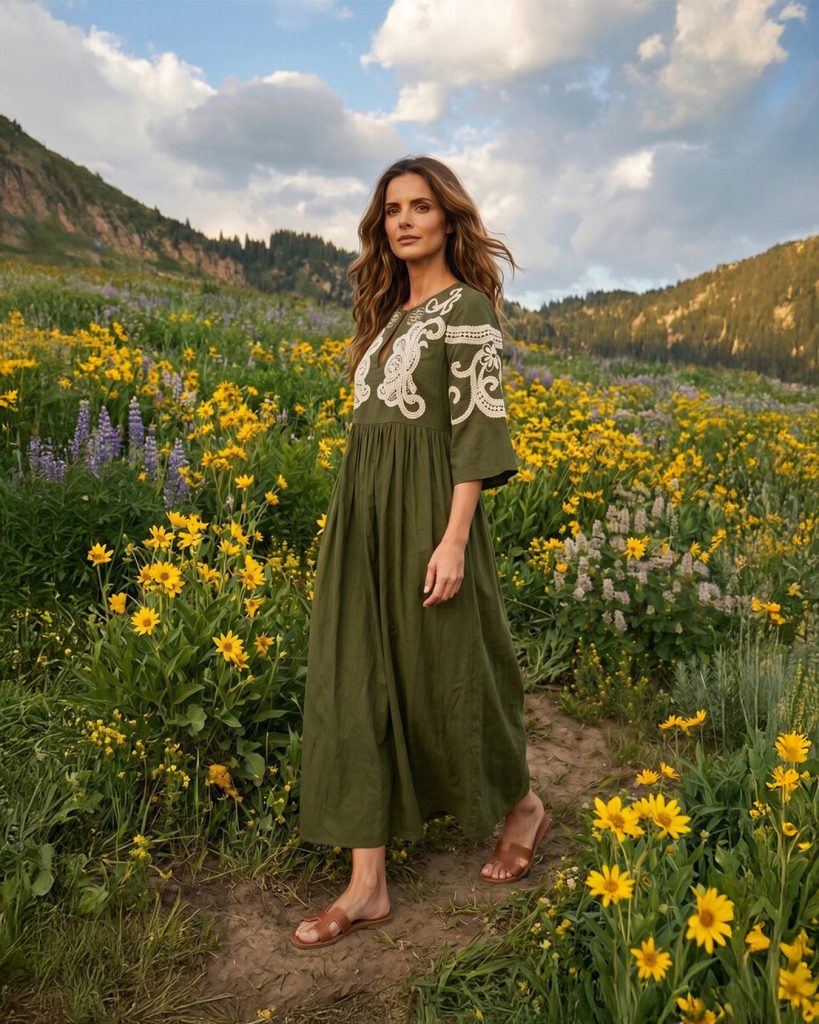 Olive Embroidered Maxi Dress + Tan Leather Sandals