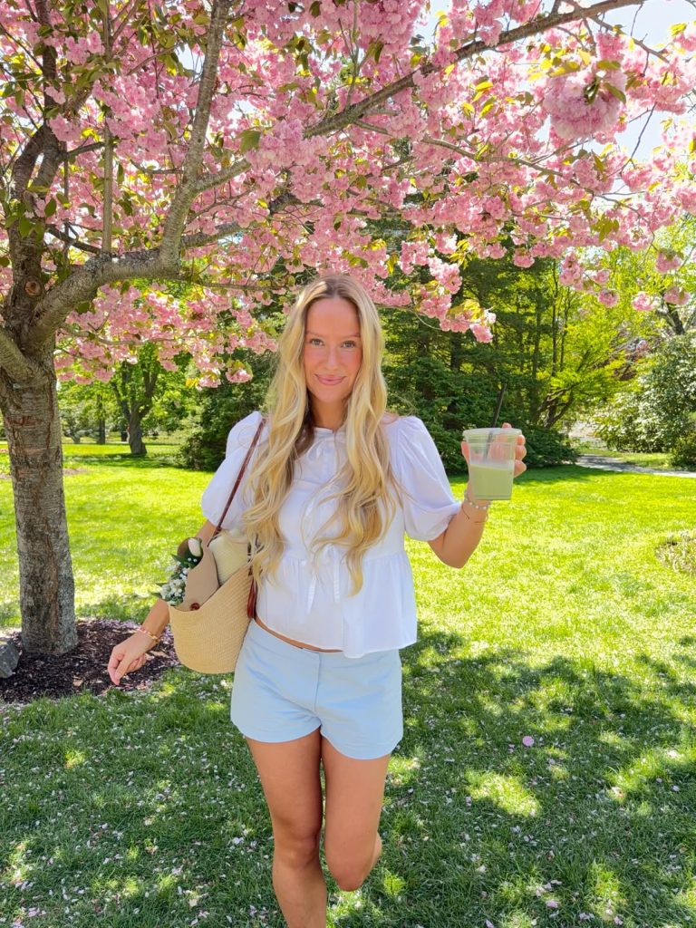White Puff-Sleeve Blouse + Light Blue Shorts