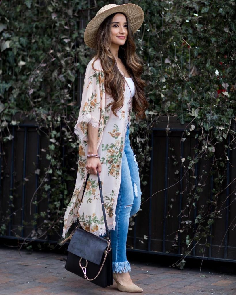 Floral Kimono + White Camisole + Distressed Jeans