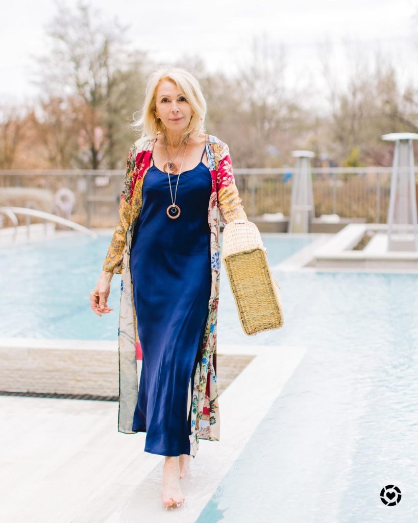 Navy Slip Dress + Floral Duster Cardigan + Straw Tote Bag