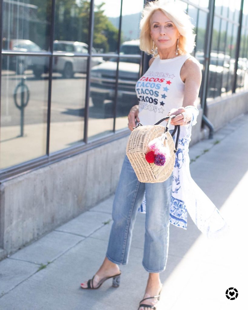White Graphic Tank Top + Crop Denim Jeans + Round Woven Bag