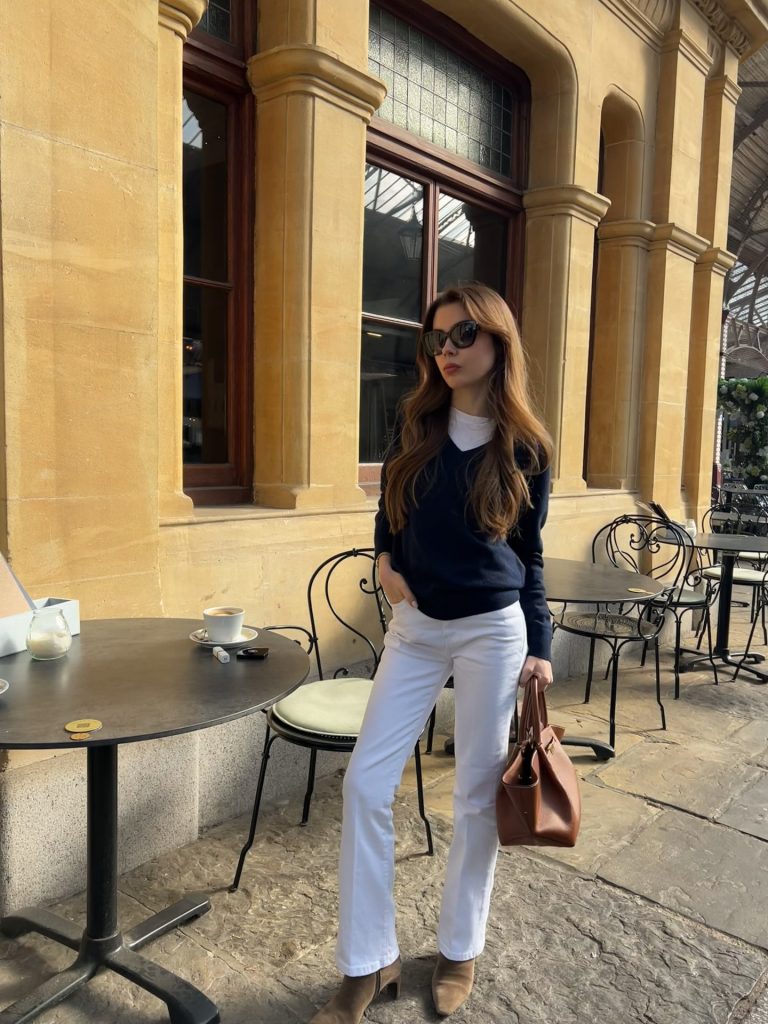 Navy V-Neck Sweater + White T-Shirt + White Jeans