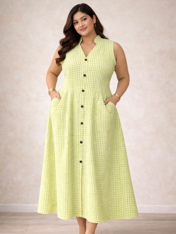 Green Gingham Dress + Button-Down Front + Sleeveless Bodice