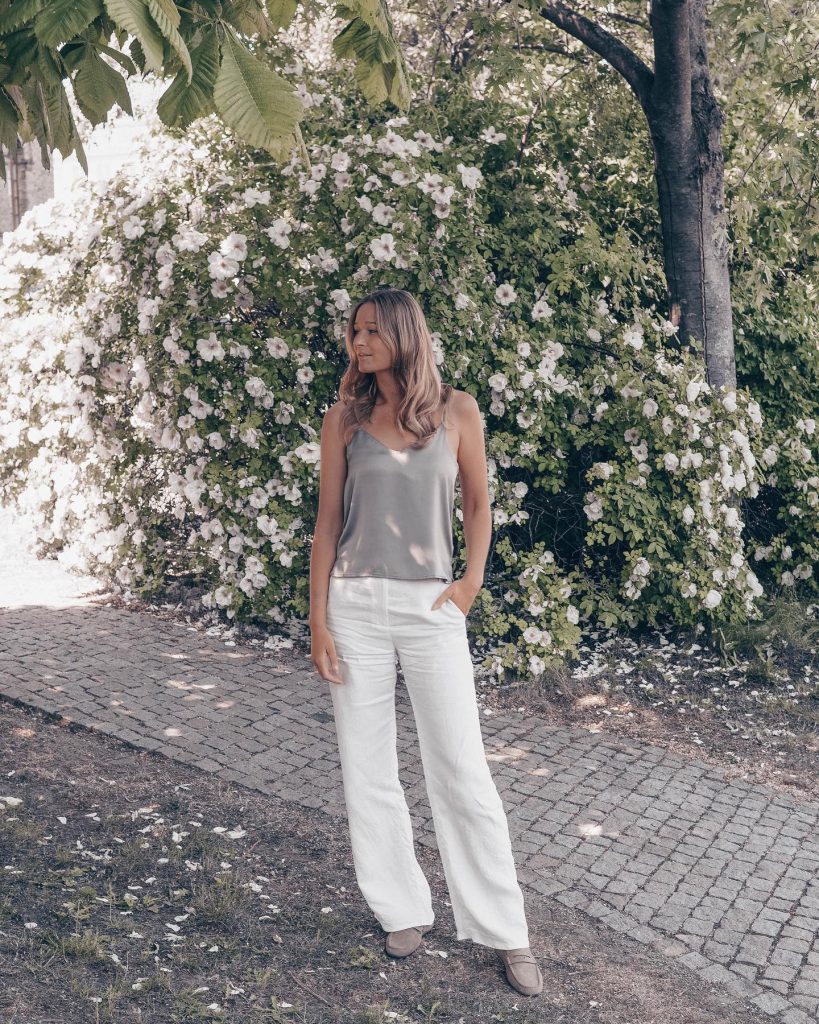 Grey Cami Top + White Linen Pant