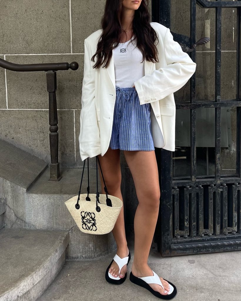 White Oversized Blazer + Blue Striped Shorts + Woven Basket Bag