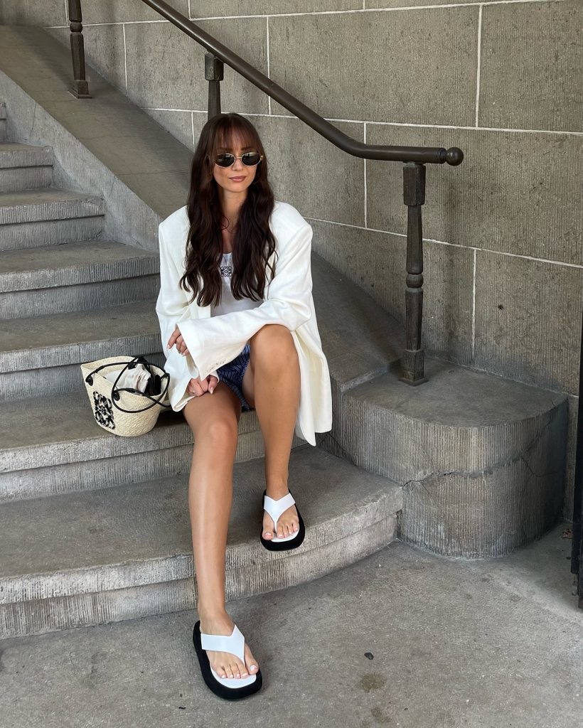 White Oversized Blazer + Blue Striped Shorts + Chunky Thong Sandals