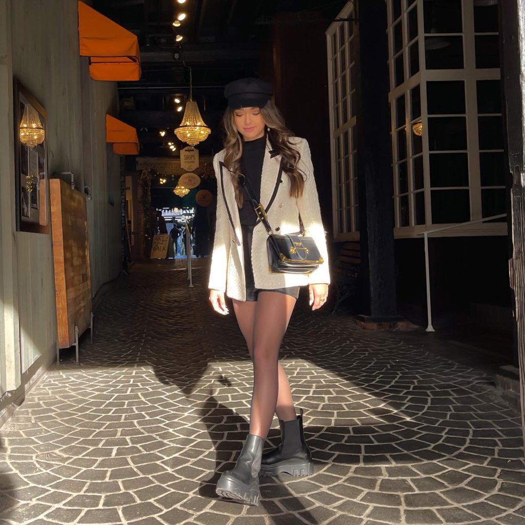 White Tweed Blazer + Black Mock Neck Top + Black Shorts & Combat Boots