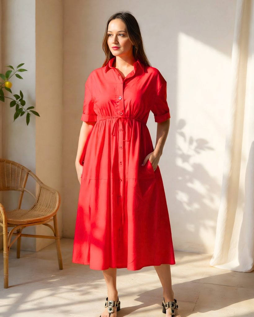 Red Button-Down Drawstring Midi Dress + Heeled Sandals