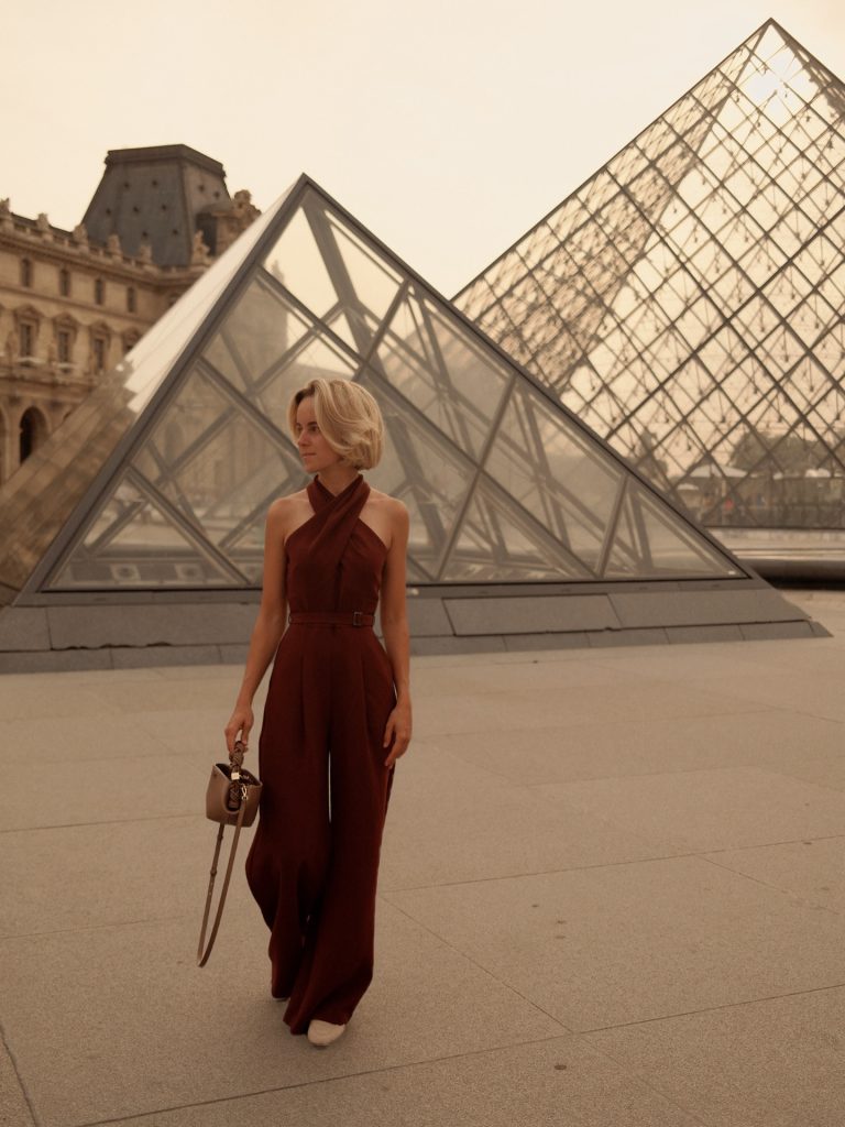Burgundy Halter Jumpsuit + Mini Top-Handle Bag