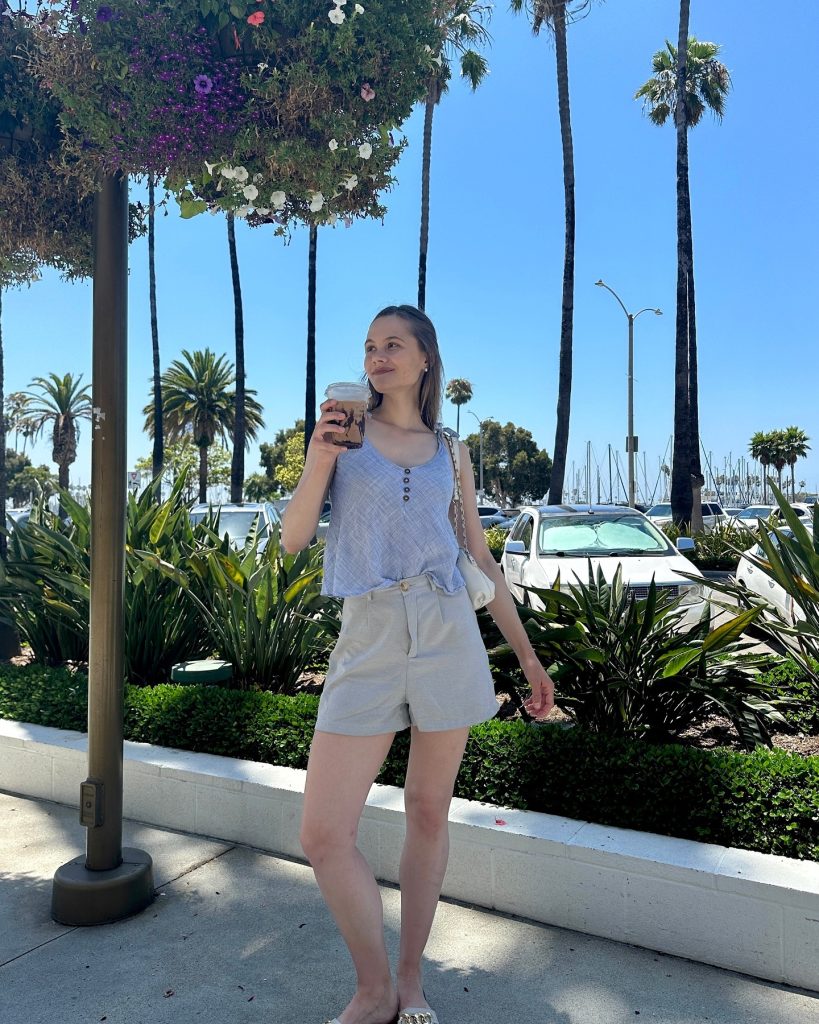 Blue Striped Button-Up Tank + Grey Shorts