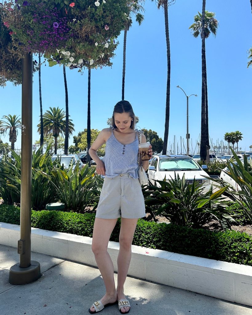 Blue Stripe Camisole Top + Grey Tailored Shorts