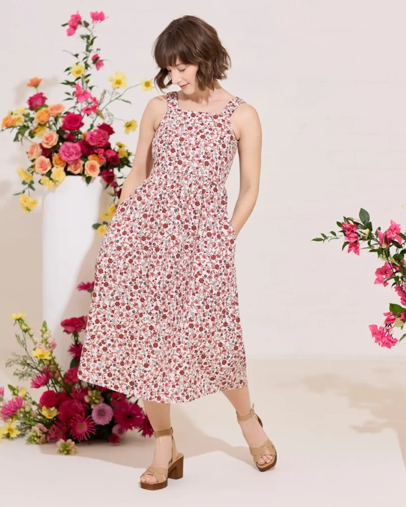 Red Floral Midi Dress + Nude Block Heels