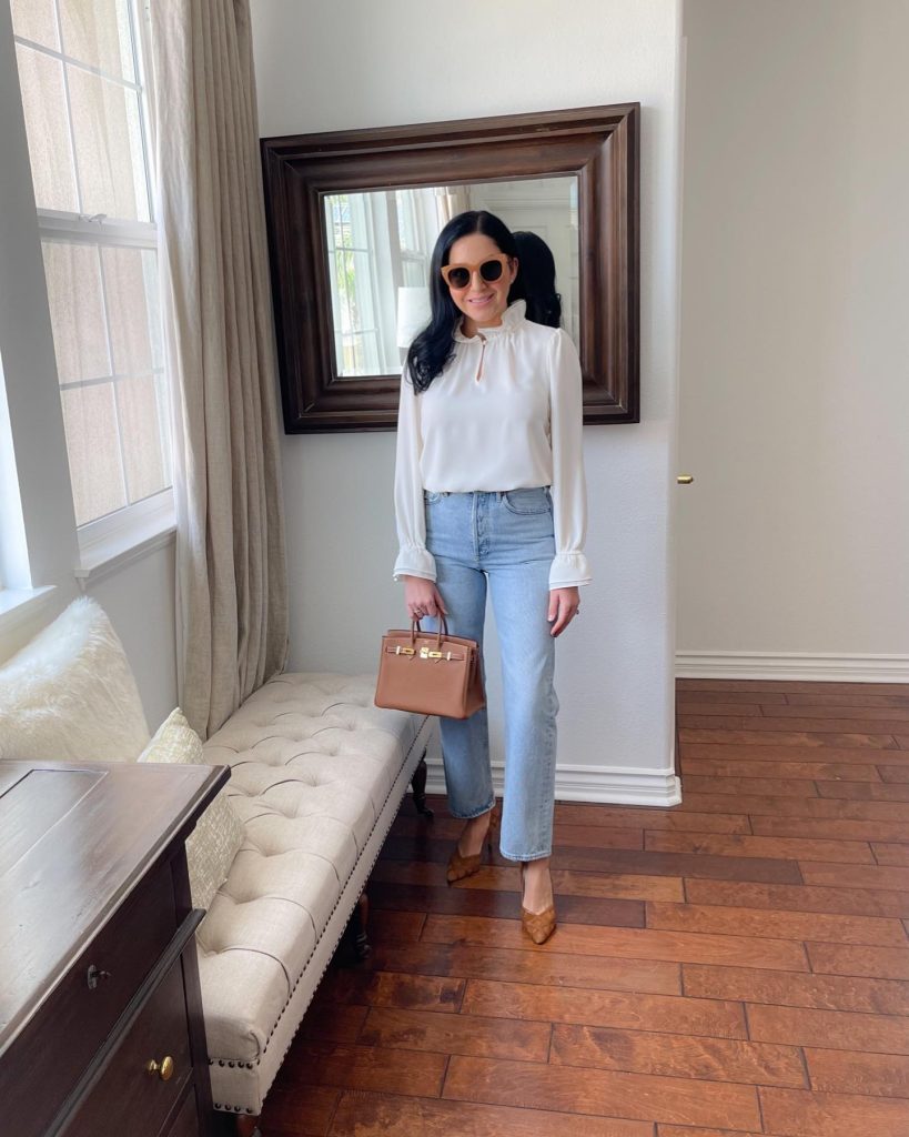 White Ruffle Blouse + Light Wash Jeans + Brown Pumps