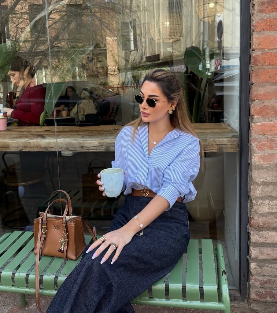 Blue Striped Shirt + Dark Denim Skirt + Brown Leather Belt
