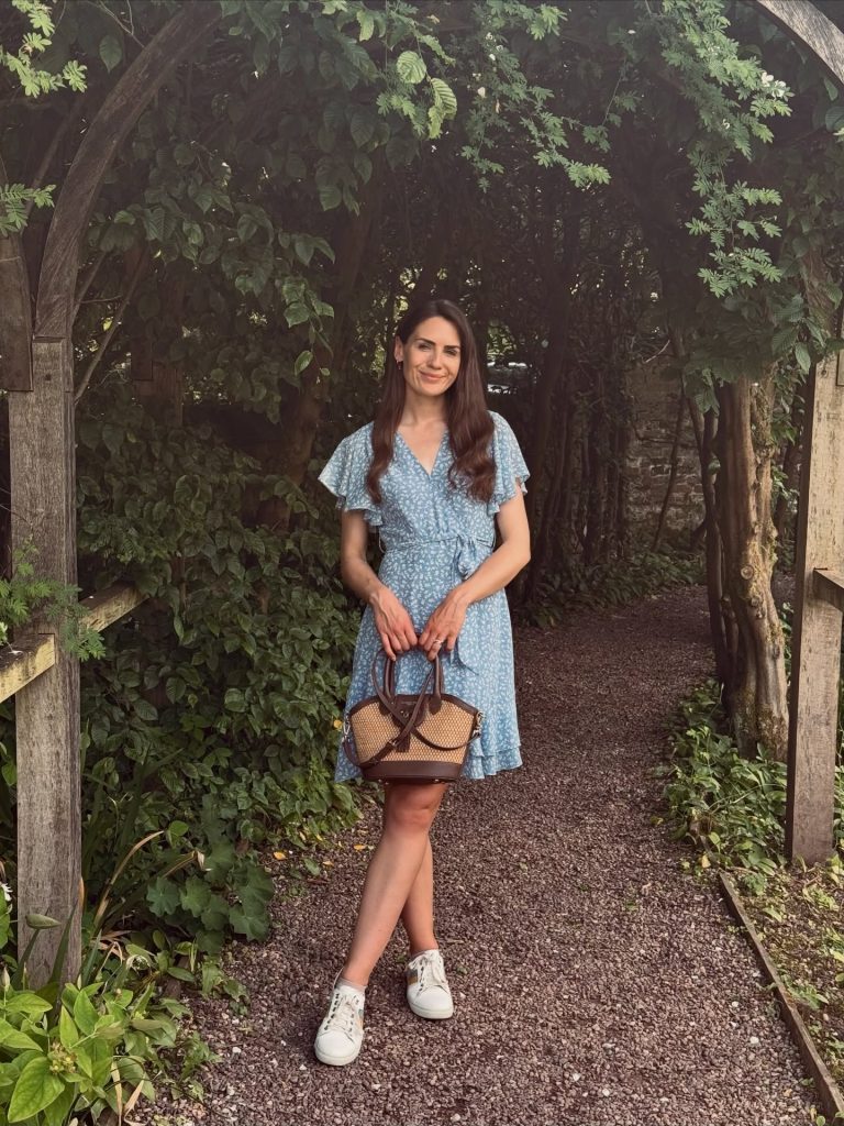 Blue Floral Wrap Dress + White Sneakers