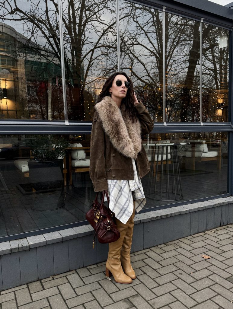 Brown Faux Fur Trim Jacket + Plaid Button-Down Shirt + Tan Knee-High Boots