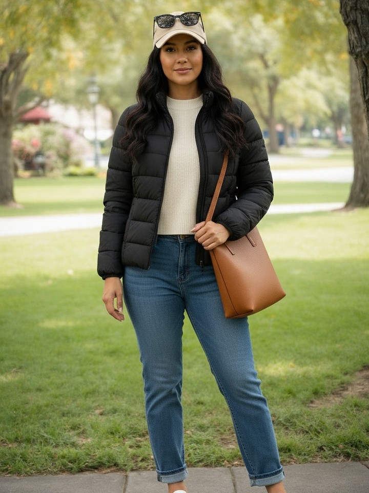 Black Puffer Jacket + Cream Knit Top + Blue Jeans