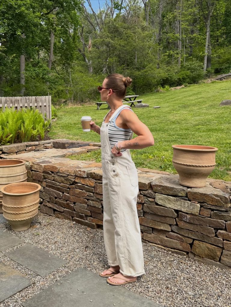 Cream Denim Overalls + Striped Tank Top + Beige Flip Flops