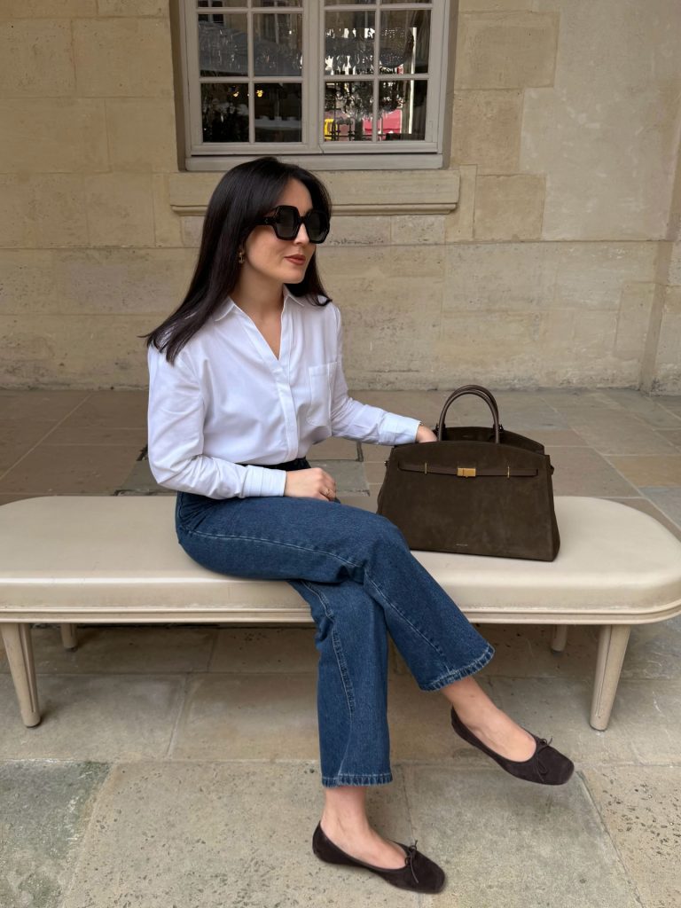 White Classic Button-Down Shirt + Blue Straight-Leg Jeans + Suede Ballet Flats
