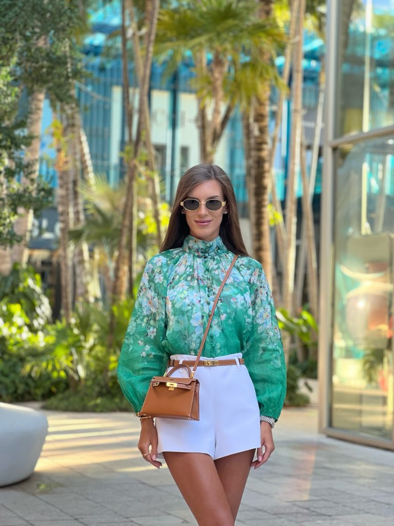 Green Floral Blouse + White Shorts + Brown Crossbody Bag