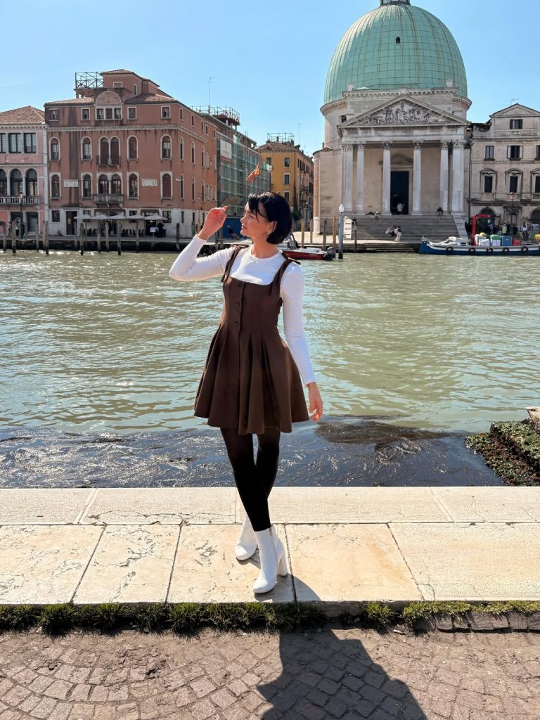 Brown Pinafore Dress + White Long Sleeve Top + White Ankle Boots