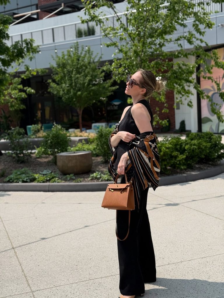 Black Sleeveless Top + Wide-Leg Trousers + Patterned Silk Scarf