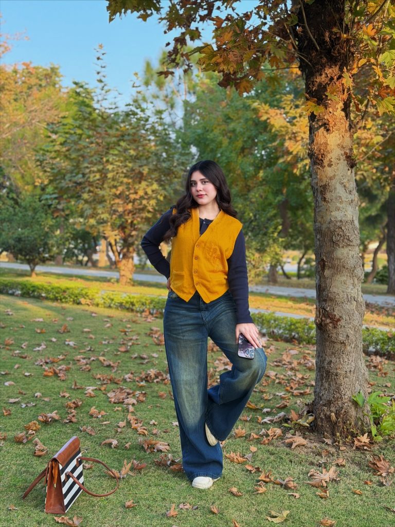Yellow Knit Vest + Long Sleeve Top + Wide-Leg Jeans