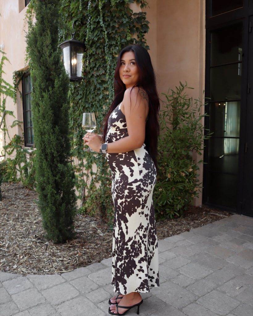 Black and White Printed Dress + Smartwatch + Strappy Heels
