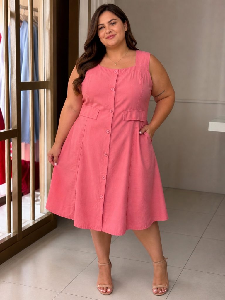 Pink Button Dress + Tan Heels