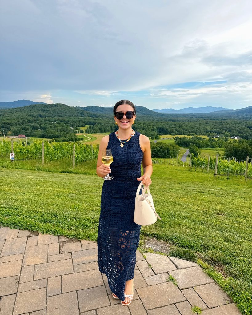 Navy Lace Dress + White Bucket Bag