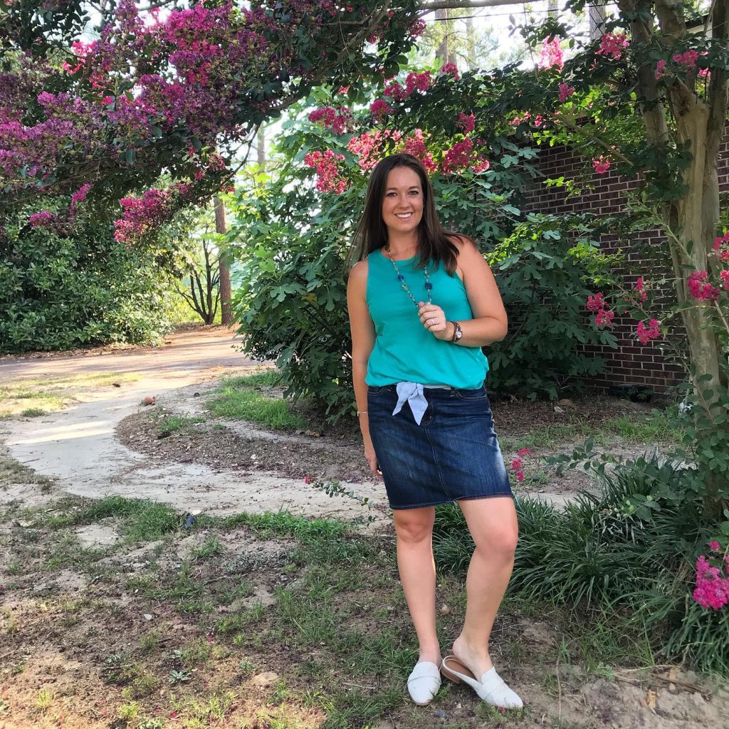Teal Sleeveless Blouse + Denim Mini Skirt