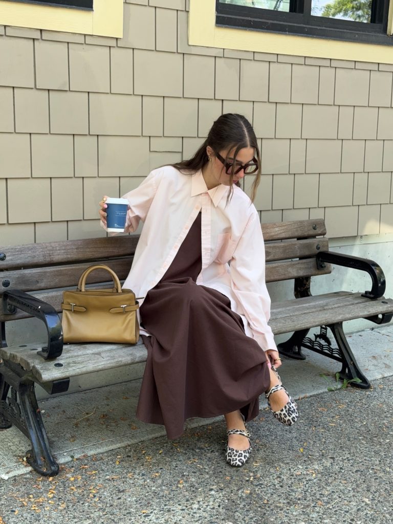 Light Pink Button-Up Shirt + Dark Brown Maxi Dress + Leopard Print Mary Janes