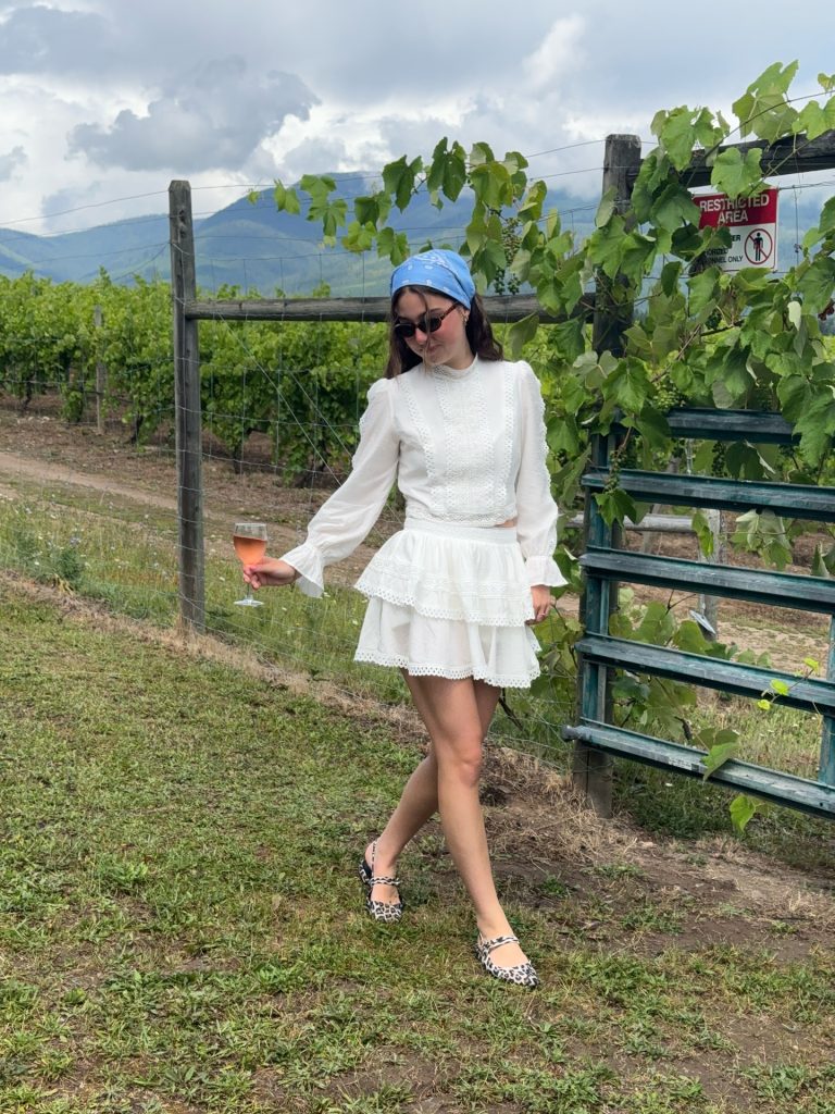 White Lace Blouse + Ruffled Skirt + Blue Bandana