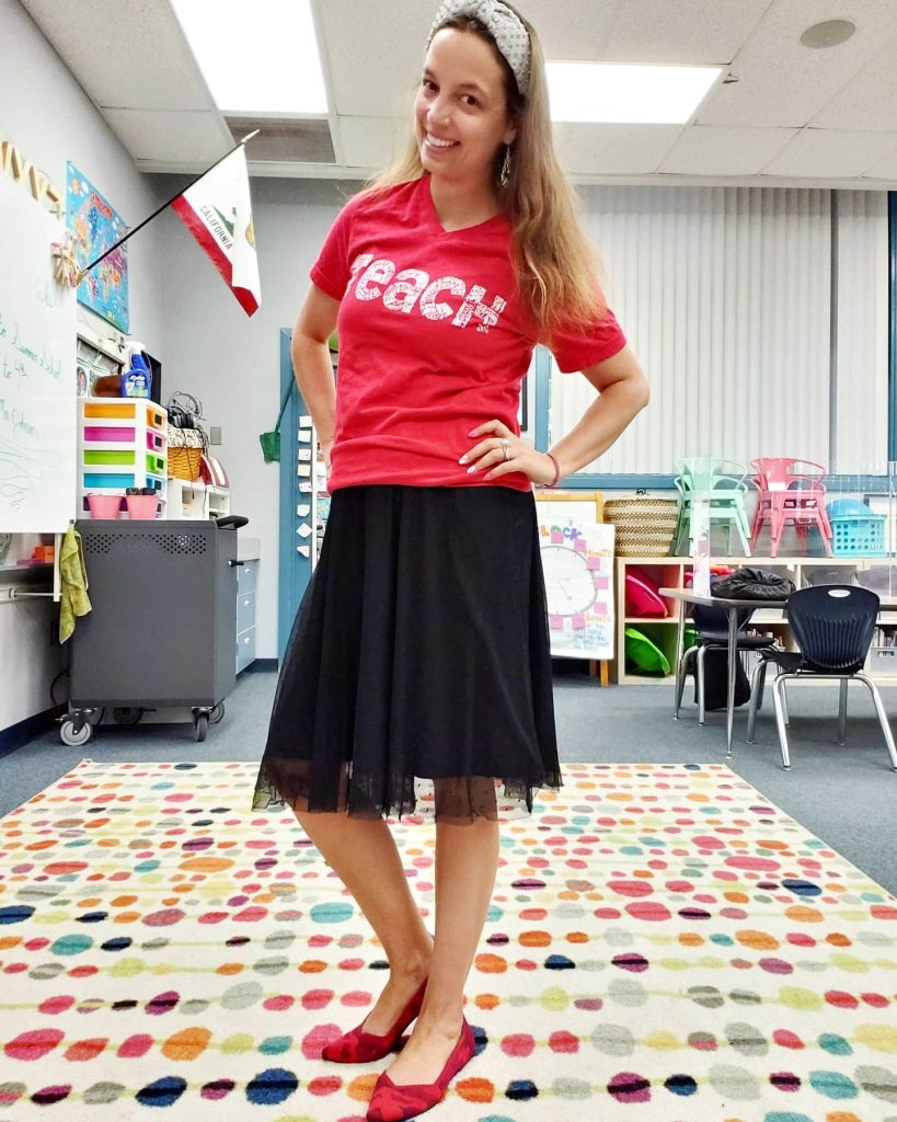 Red "Teach" Graphic Tee + Black Tulle A-Line Skirt