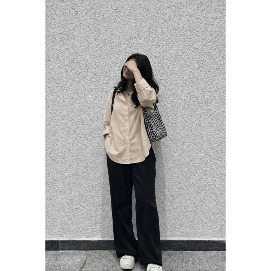 Beige Button-Up Shirt + Black Wide-Leg Trousers + White Sneakers